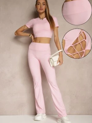 Różowy Komplet Sportowy Spodnie i Koszulka Ozdobiona Sznurowaniem Lumileine yu & me