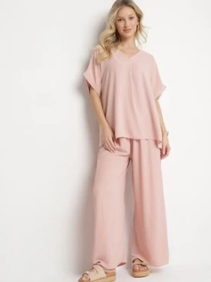 Różowy Komplet z Bawełny T-shirt Oversize i Szerokie Spodnie Lavtebia