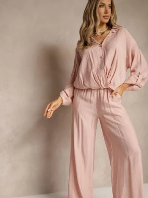 Różowy Komplet z Wiskozy w Stylu Oversize Szerokie Spodnie i Luźna Koszula na Guziki Natinne