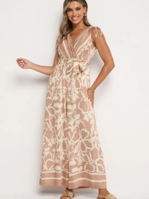 Różowy Kopertowy Kombinezon z Wiskozą Wykończony Gumką w Talii z Materiałowym Paskiem Inatia rosa