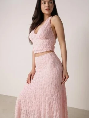 Różowy Koronkowy Komplet Top Wiązany na Szyi i Spódnica Corinatea