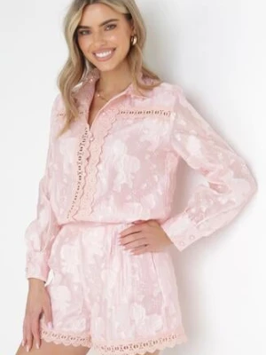 Różowy Koronkowy Komplet z Szortami i Koszulą Evanilla
