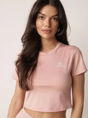 Różowy Krótki T-shirt w Stylu Basic z Minimalistycznym Nadrukiem Orithana Glo-story