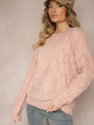 Różowy Luźny Sweter o Pudełkowym Kroju i Tłoczonym Splocie ze Ściągaczami Elomara wool fashion