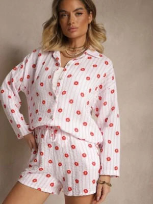 Różowy Muślinowy Komplet z Bawełny Koszula i Szorty we Wzór w Paski i Kwiaty Sellimi jumelle