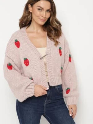 Różowy Niezapinany Kardigan o Krótkim Kroju z Aplikacjami w Kształcie Truskawek Lorinelle acajo