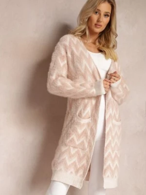Różowy Niezapinany Kardigan o Przedłużonym Fasonie w Zygzaki Chevron Oherna wool fashion