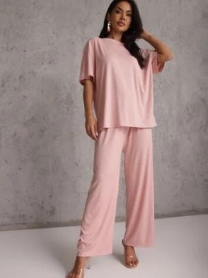 Różowy Oversizowy Komplet Zdobiony Cyrkoniami T-shirt i Spodnie Arnateia ambitionfly