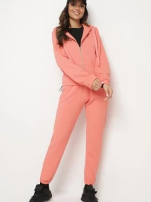 Różowy Pikowany Komplet Dresowy z Bawełną Bluza z Kapturem i Spodnie Joggery Evalisseia