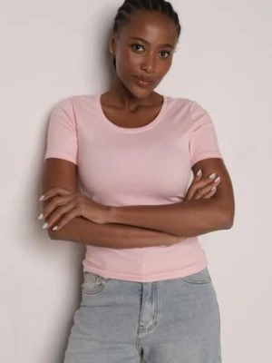Różowy Prążkowany T-shirt Ozdobiony po Bokach Marszczeniem Nedisa romee's