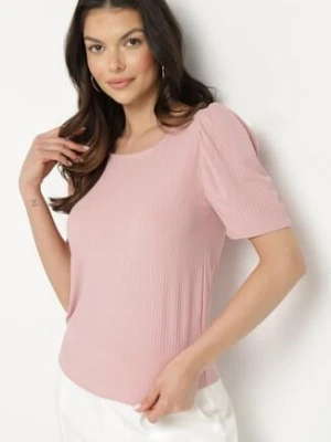Różowy Prążkowany T-shirt z Zakładkami przy Rękawach Kolanovia glo-story