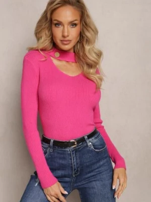 Różowy Sweter Golf z Ozdobnym Wycięciem Przy Dekolcie Erticia j&x