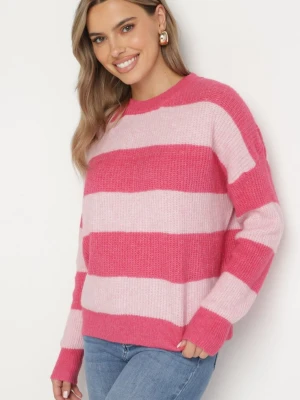 Różowy Sweter w Pasy z Wełną Zakończony Ściągaczem Tiaelle Acajo