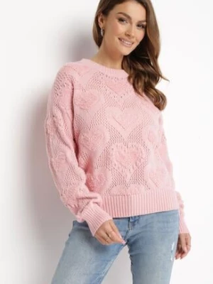Różowy Sweter w Serca o Klasycznym Fasonie ze Ściągaczami Biriet moni&co