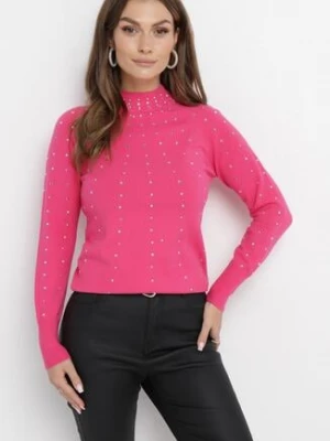 Różowy Sweter z Golfem Ozdobiony Kompozycją z Cyrkonii Ruittes