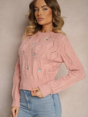 Różowy Sweter z Haftowanymi Kwiatkami i Tłoczeniem Innara Acajo