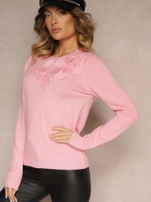 Różowy Sweter z Modalem i Wiskozą Ozdobiony Aplikacjami 3D Desalttia newstar