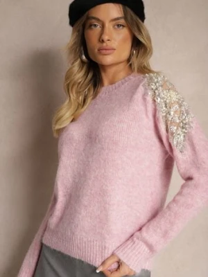Różowy Sweter z Przezroczystymi Wstawkami z Cyrkoniami Perełkami i Cekinami z Wełną Tiarinae acajo
