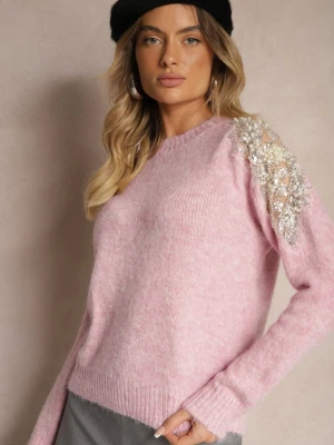 Różowy Sweter z Przezroczystymi Wstawkami z Cyrkoniami Perełkami i Cekinami z Wełną Tiarinae Acajo