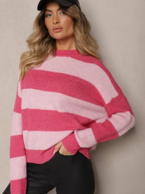 Różowy Sweter ze Ściągaczami Ozdobiony Pasami z Wełną Tiarosea Acajo