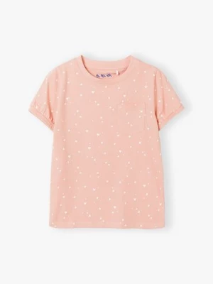 Różowy t-shirt bawełniany dla dziewczynki w białe serduszka 5.10.15.