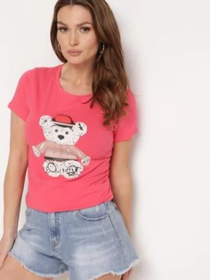Różowy T-shirt Bawełniany z Nadrukiem Rusolia