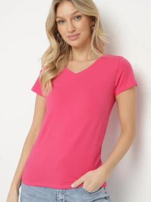 Różowy T-shirt Bawełniany z Trójkątnym Dekoltem Tolilara glo-story