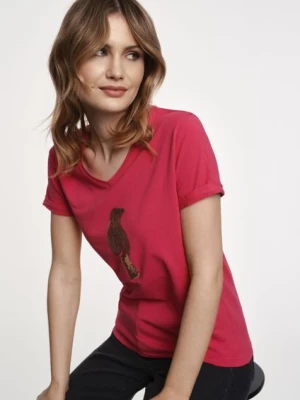 Różowy T-shirt damski z aplikacją wilgi OCHNIK