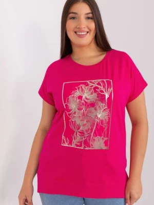 Różowy t-shirt damski z motywem roślinnym plus size - RELEVANCE