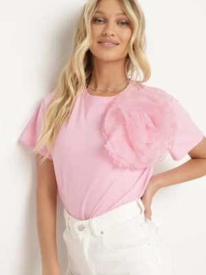 Różowy T-shirt Koszulka z Krótkim Rękawem i Aplikacją w Kształcie Kwiatu Nestairis retro & icone