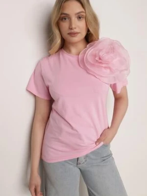 Różowy T-shirt Koszulka z Krótkim Rękawem i Aplikacją w Kształcie Kwiatu Nestairis retro & icone