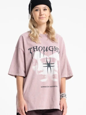 Różowy t-shirt LOOSE z autorską grafiką z przodu Reporter