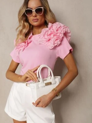Różowy T-shirt z Bawełny Ozdobiony Bufiastymi Falbankami Kandrra retro & icone