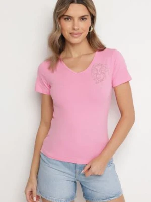 Różowy T-shirt z Bawełny z Cyrkoniowym Wzorem Uliavira glo-story