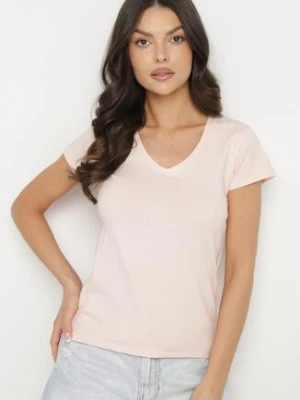 Różowy T-shirt z Bawełny z Dekoltem w Serek Liniviela basic