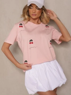Różowy T-shirt z Bawełny z Haftowanymi Detalami w Wiśnie Nevianeva