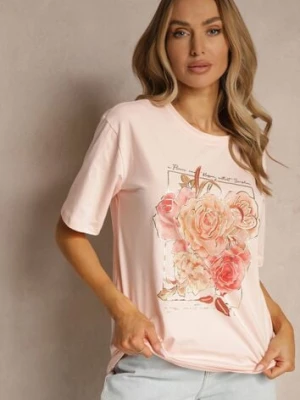 Różowy T-shirt z Bawełny z Kwiatowym Nadrukiem Maivaria