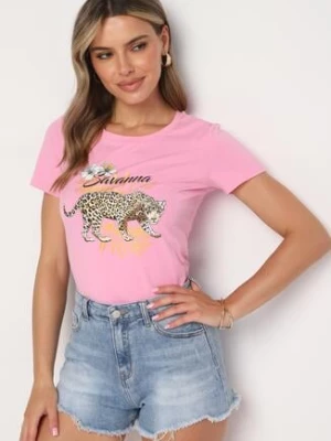 Różowy T-shirt z Bawełny z Nadrukiem Pantery Yelfea glo-story