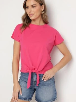 Różowy T-shirt z Bawełny z Ozdobnym Wiązaniem Sunitra