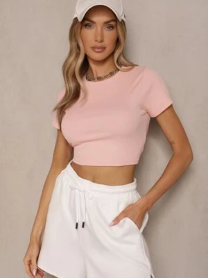 Różowy T-shirt z Bawełny z Prążkowanego Materiału Aszedi j.style