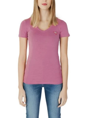 Różowy T-Shirt z Dekoltem w Szpic Guess