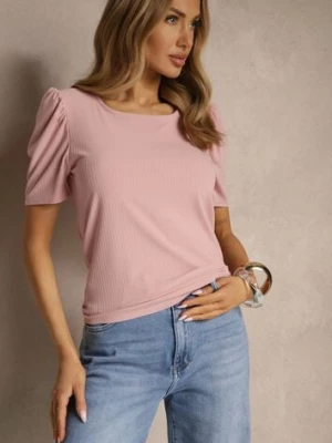 Różowy T-shirt z Prążkowanej Tkaniny z Zakładkami przy Rękawach Kolaniella