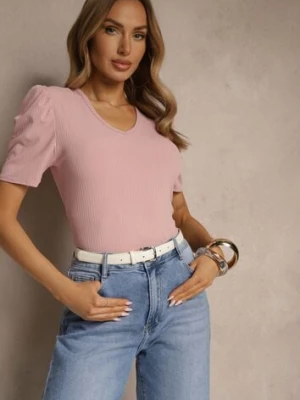 Różowy T-shirt z Trójkątnym Dekoltem Sunille glo-story