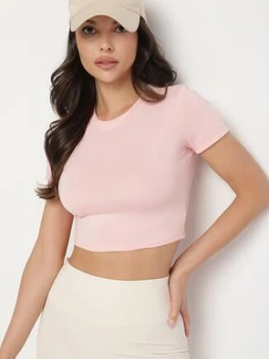 Różowy T-shirt z Wiskozą o Dopasowanym Kroju Typu Crop Top Folirra lovery