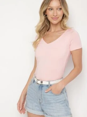 Różowy T-shirt z Wiskozą o Dopasowanym Kroju z Dekoltem w Serek Folarisse by swan