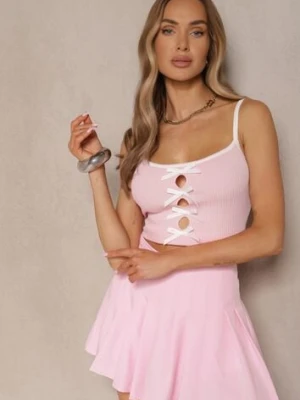 Różowy Top z Prążkowanego Materiału Ozdobiony Kokardami Lenissea giorgia