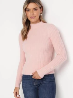 Różowy Wełniany Sweter Prążkowany z Długim Włosiem Aryndra j&x