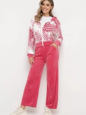 Różowy Welurowy Komplet Dresowy Bluza z Florystycznym Printem i Szerokie Spodnie Taniussa