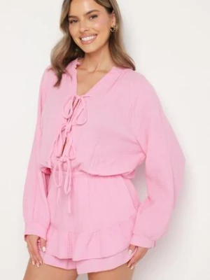 Różowy Wiązany Bawełniany Kombinezon Boho z Falbankami i Wiązaniem Lalelia jumelle