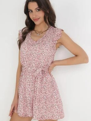 Różowy Wiskozowy Kombinezon z Gumką w Talii i Materiałowym Paskiem Jalana rosa